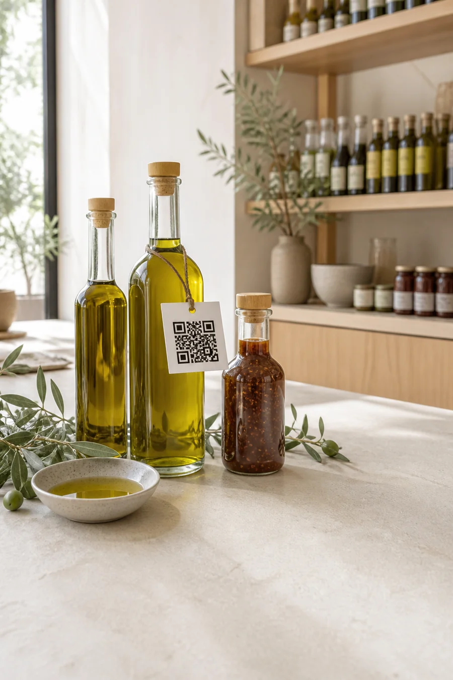 Locally bottled olive oil and specialty sauce with a QR product-support tag in a bright modern provisions shop